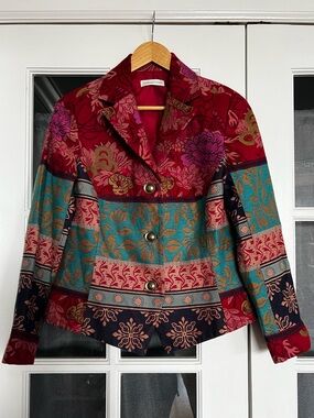 Coldwater Creek Multicolor Floral Jacquard Blazer - Red & Teal